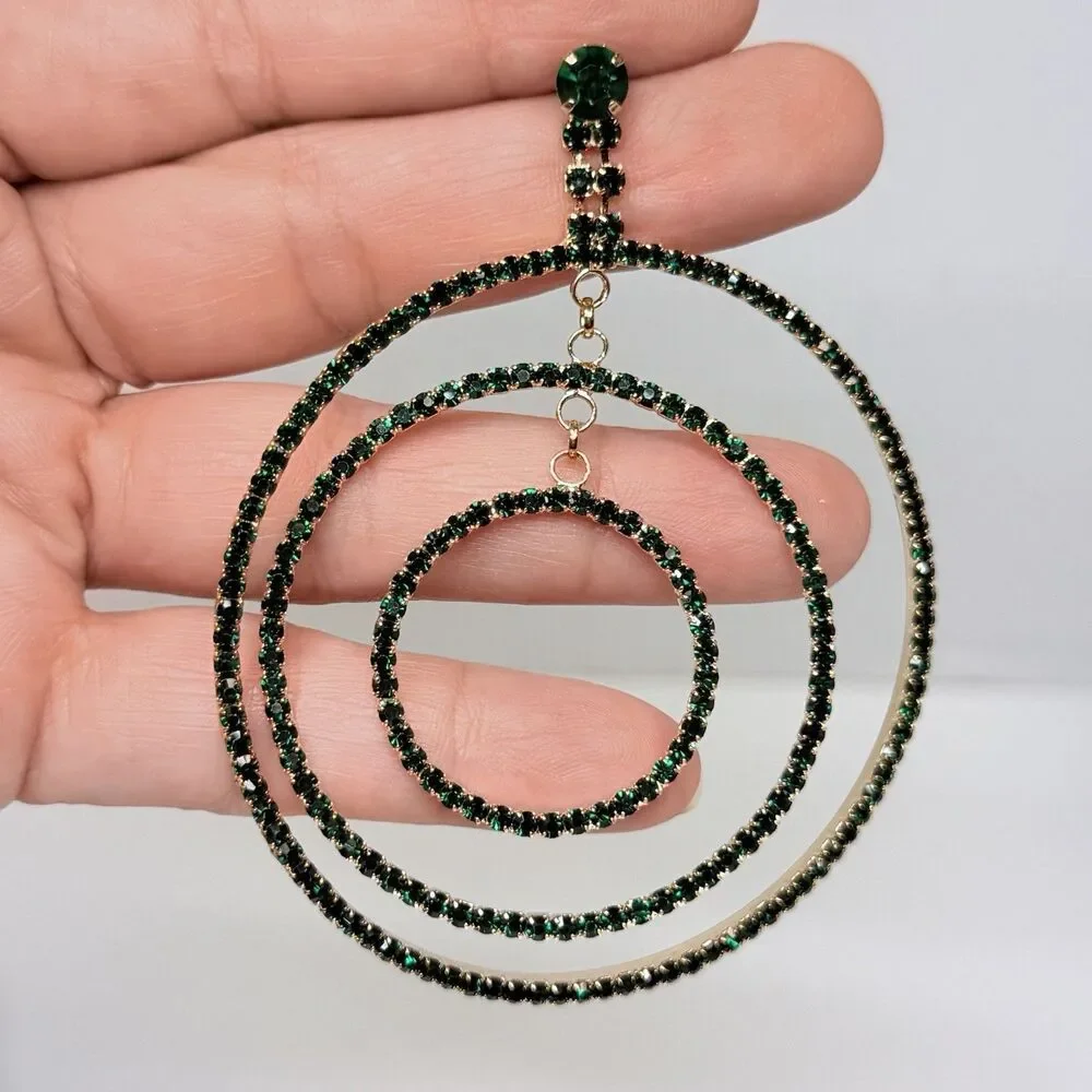 bebe Gold Tone Triple Row Emerald Green Rhinestone Hoop Dangle Earrings New